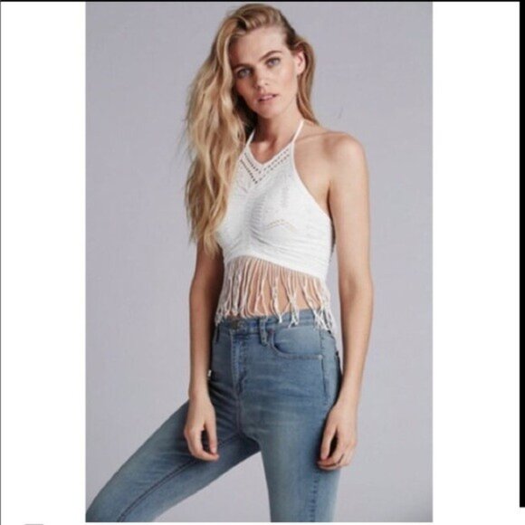 Intimately Free Women Fringe Halter Crop Top Tie Neck Sz XS Ivory Summer 7-14 - Picture 3 of 9